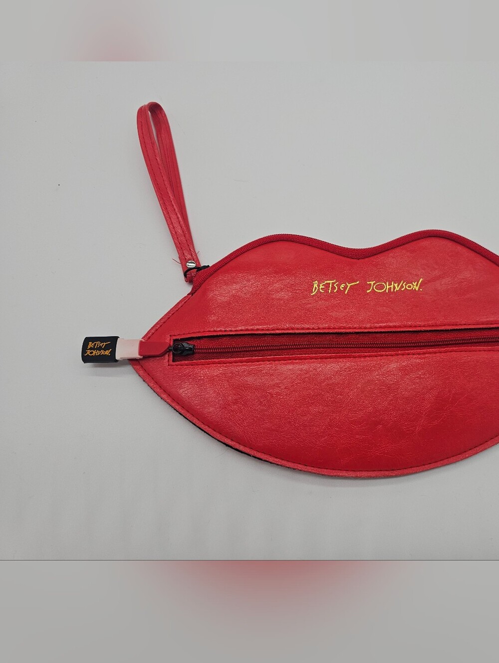 Betsey Johnson Red Lip Wristlet Clutch with Gold Logo